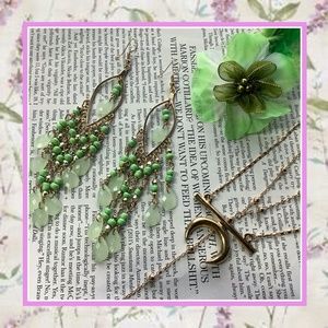 🌺 3PC MOON NECKLACE DANGLE EARRINGS HAIR FLOWER FEATHER BOHO SET BUNDLE GREEN